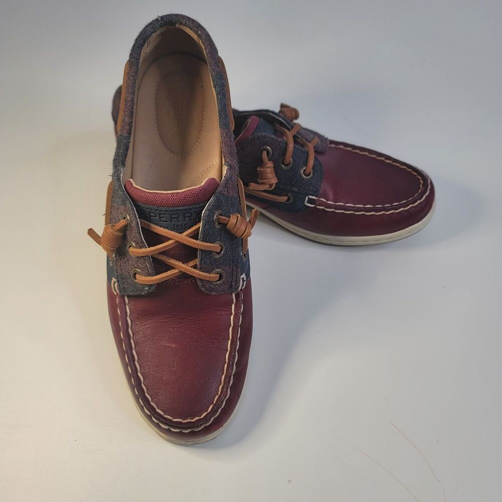 Sperry Songfish Speedy Women's 7M Burgundy Leather Boat Shoes Wool Trim Lace-Up
